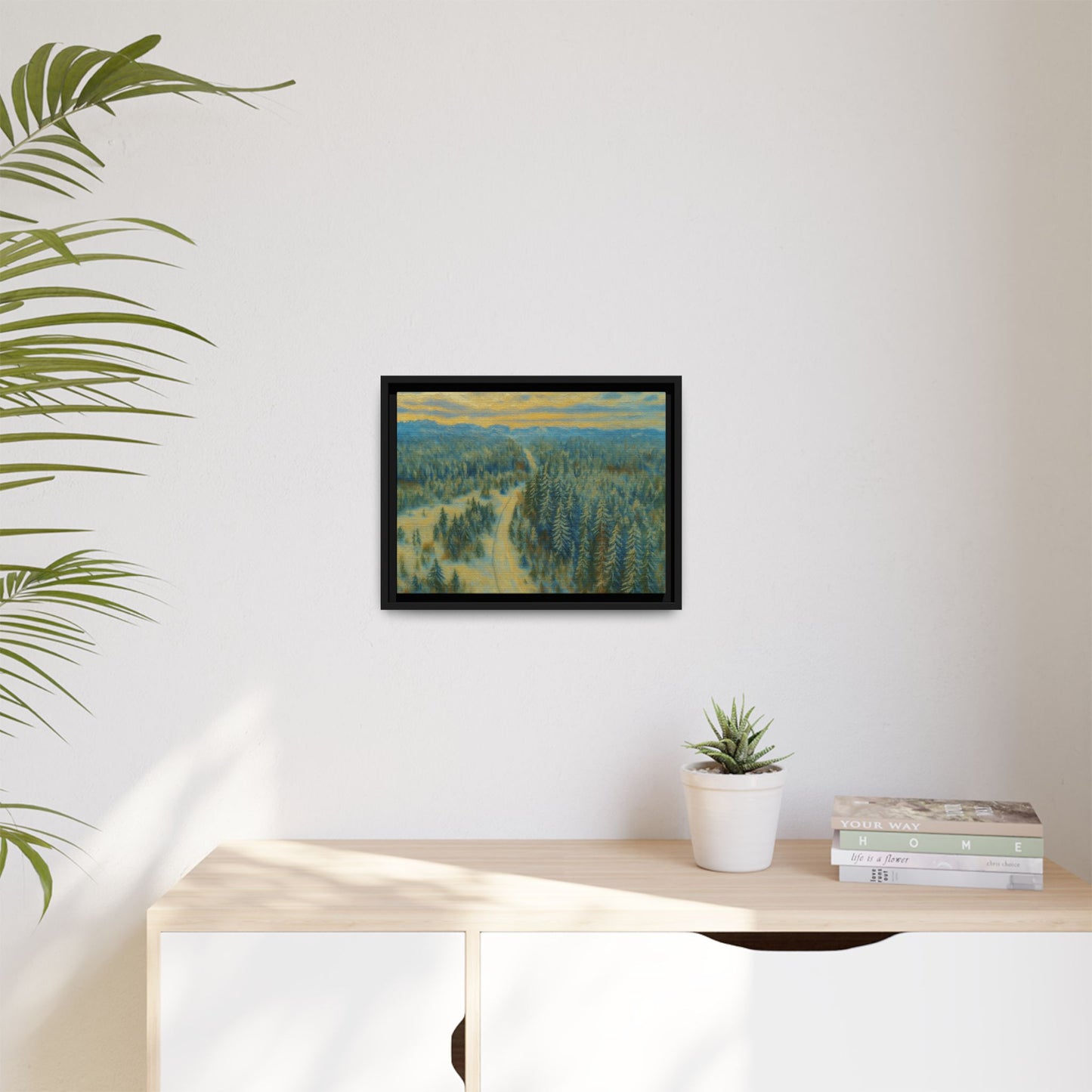 Framed matte canvas print of a serene winter forest landscape, featuring snow-covered trees and a peaceful natural scene.