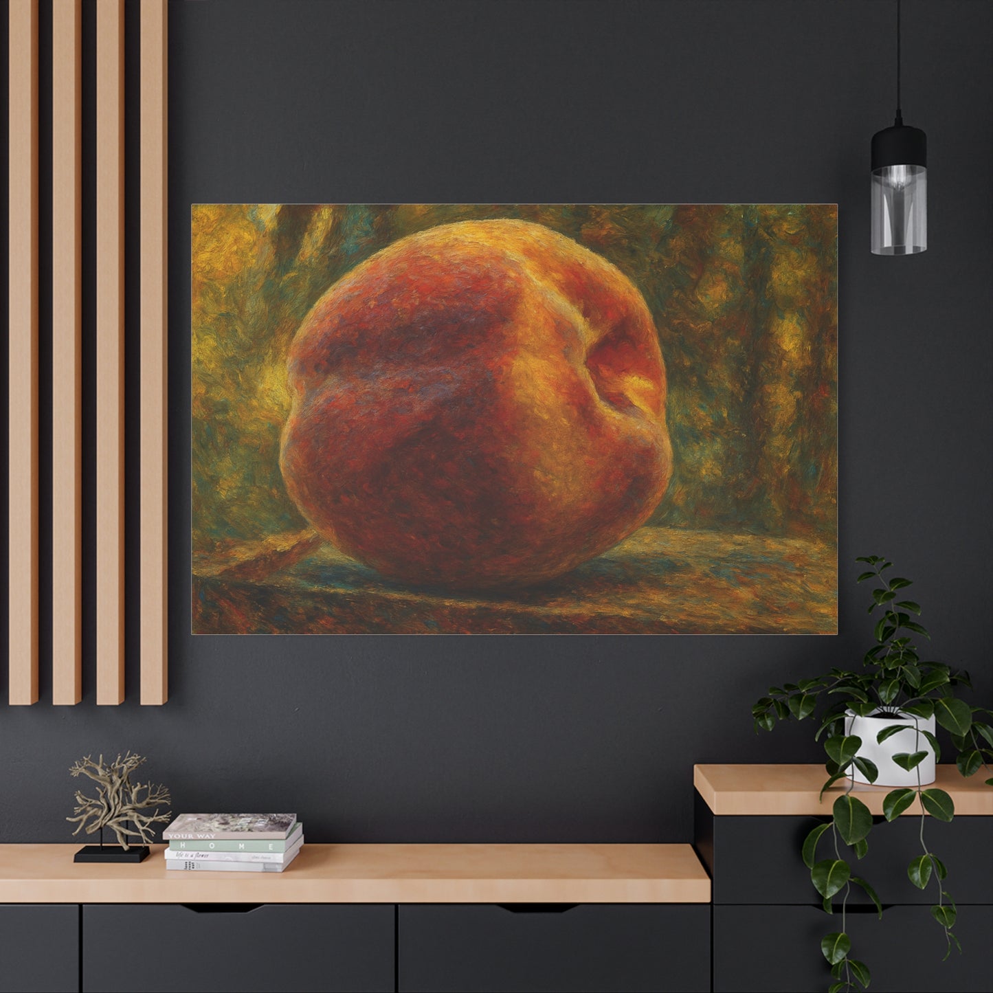 Peach still life matte canvas print by Printify, stretched 1.25-inch wall art featuring vibrant peach images on high-quality canvas.