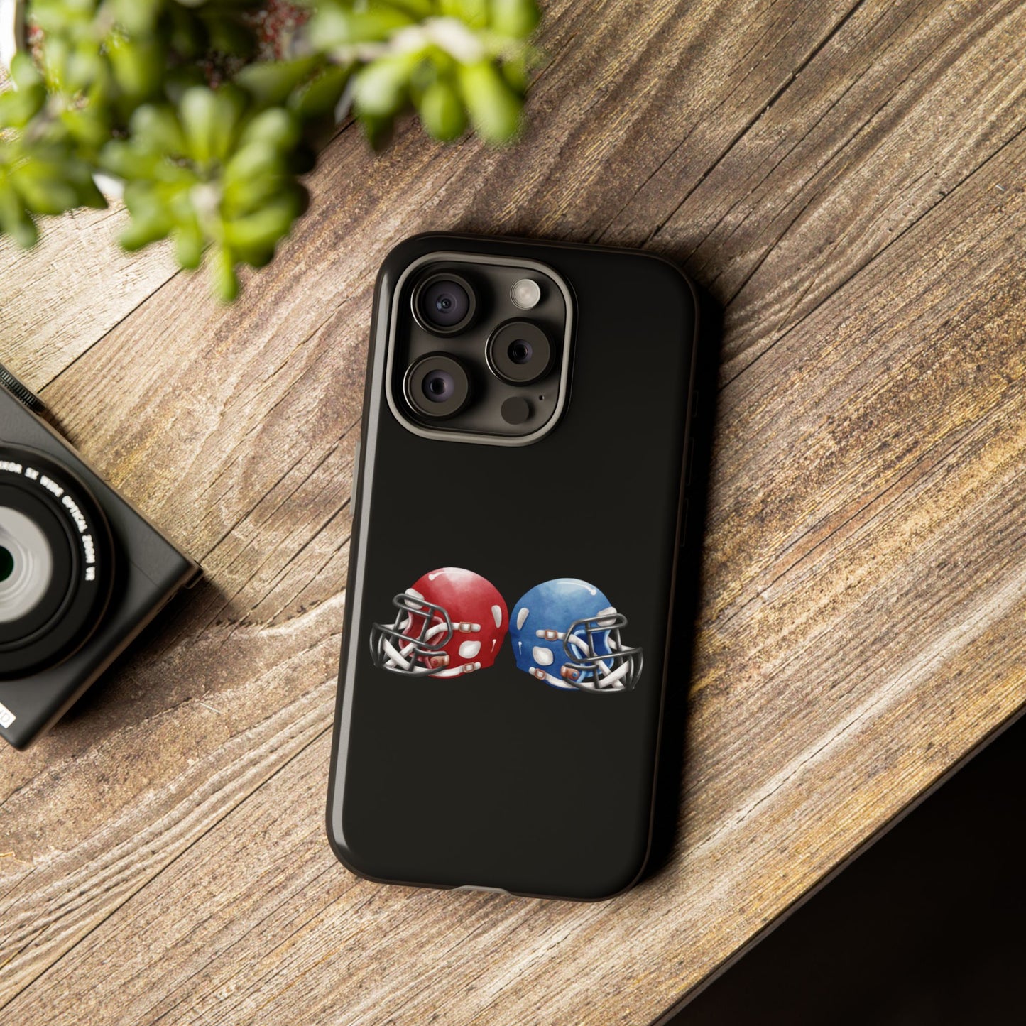 Red and blue football helmet phone case for iPhone, durable protective cover by Printify featuring bold sports design.