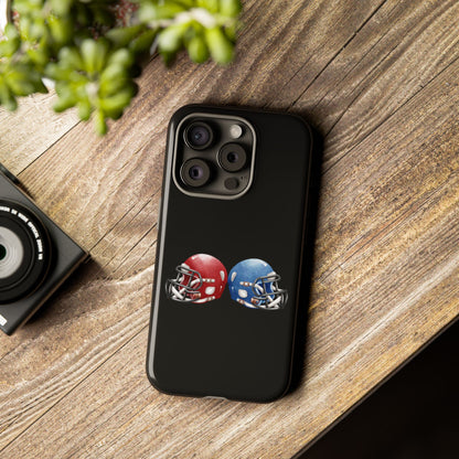 Red and blue football helmet phone case for iPhone, durable protective cover by Printify featuring bold sports design.