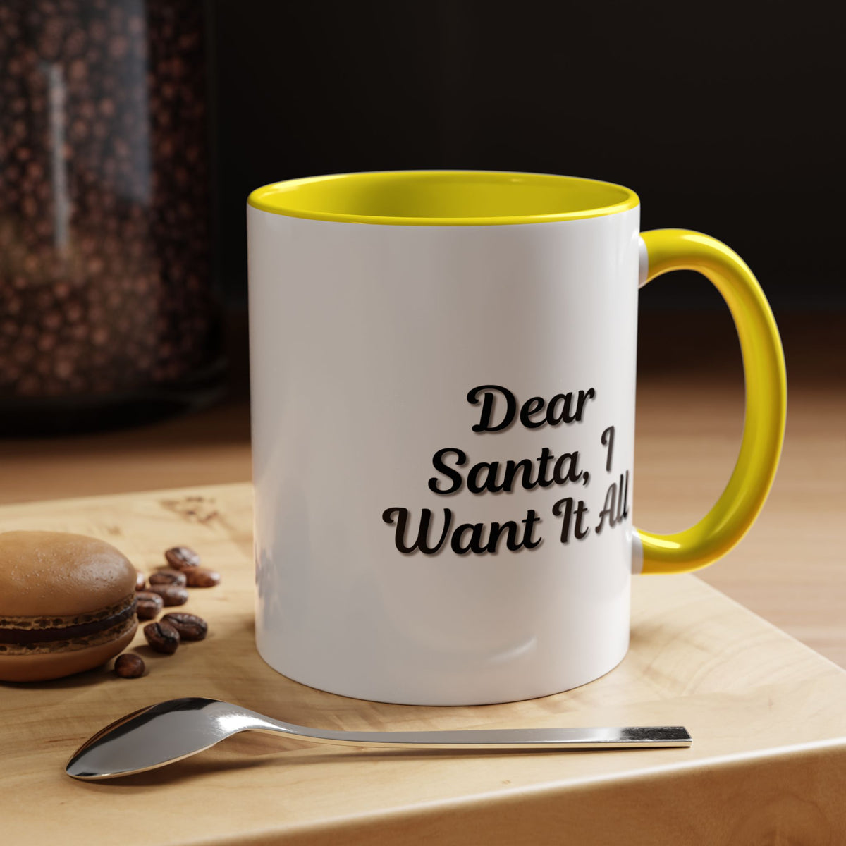 Printify "Dear Santa I Want It All" Christmas mug with holiday-themed design, perfect for festive coffee or hot cocoa enjoyment.