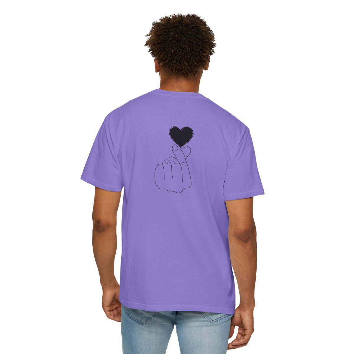 Black T-shirt with minimal white finger heart graphic, casual style, by Printify, designed for a modern, trendy look.