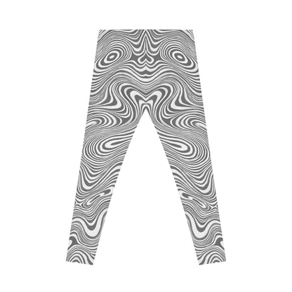 Black and white monochrome swirl leggings with an abstract all-over print, designed by Printify for a bold, stylish look.
