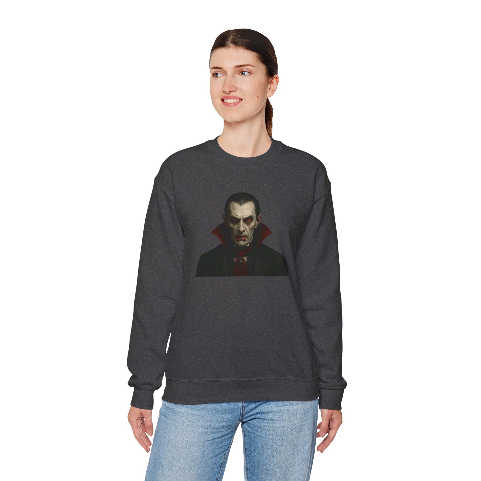 Vampire portrait crewneck sweatshirt by Printify featuring a detailed vampire graphic on soft fabric.