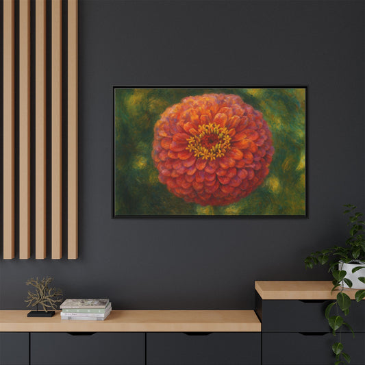 Framed Floral Canvas Print — Vibrant Red Zinnia Wall Art