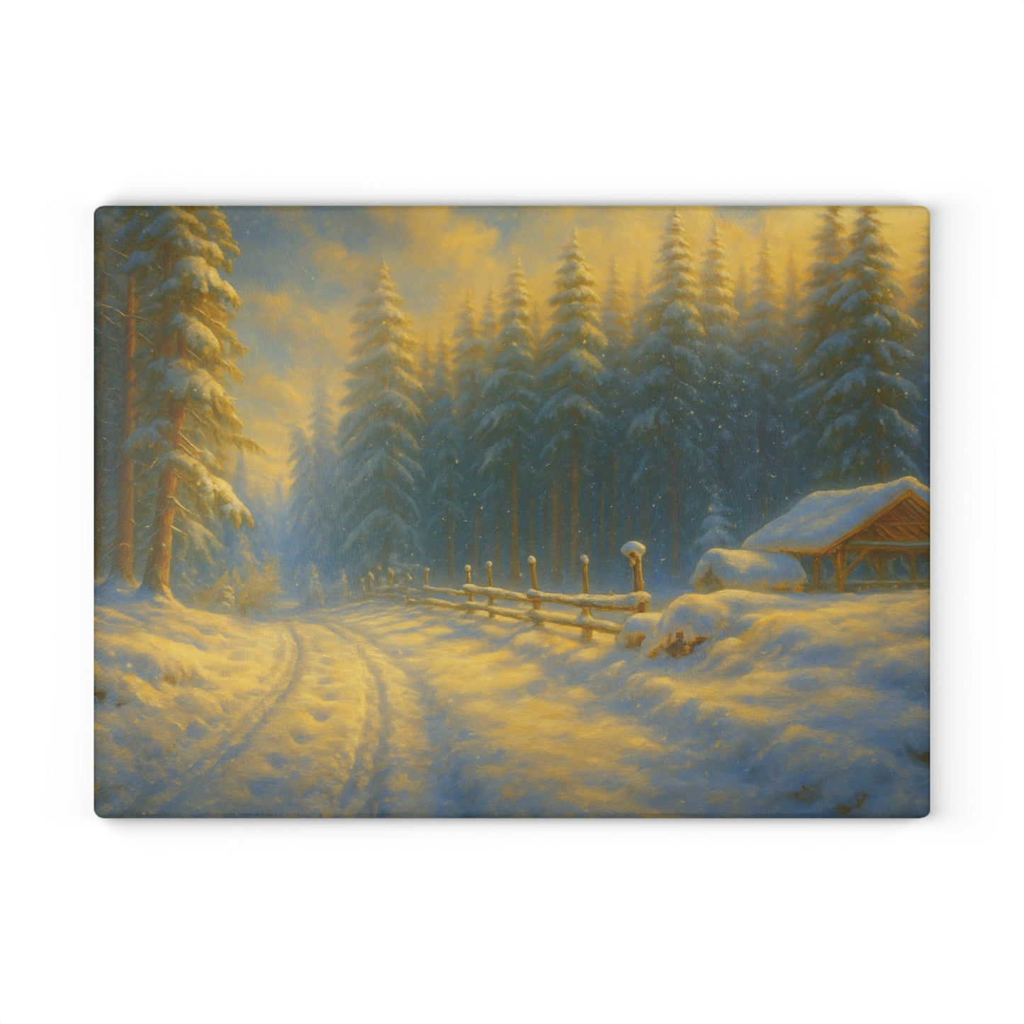 Winter Cabin Glass Cutting Board – Snowy Forest Scenic Kitchen Décor