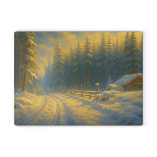 Winter Cabin Glass Cutting Board – Snowy Forest Scenic Kitchen Décor