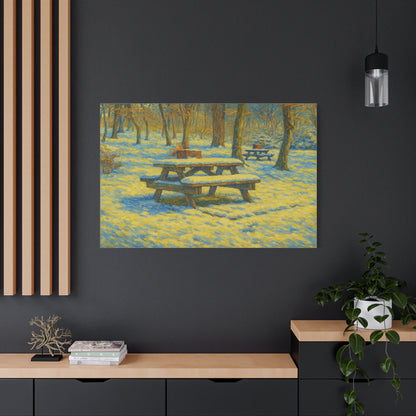Winter picnic canvas print featuring a snow-covered park bench, wall art by Printify showcasing a serene outdoor scene.
