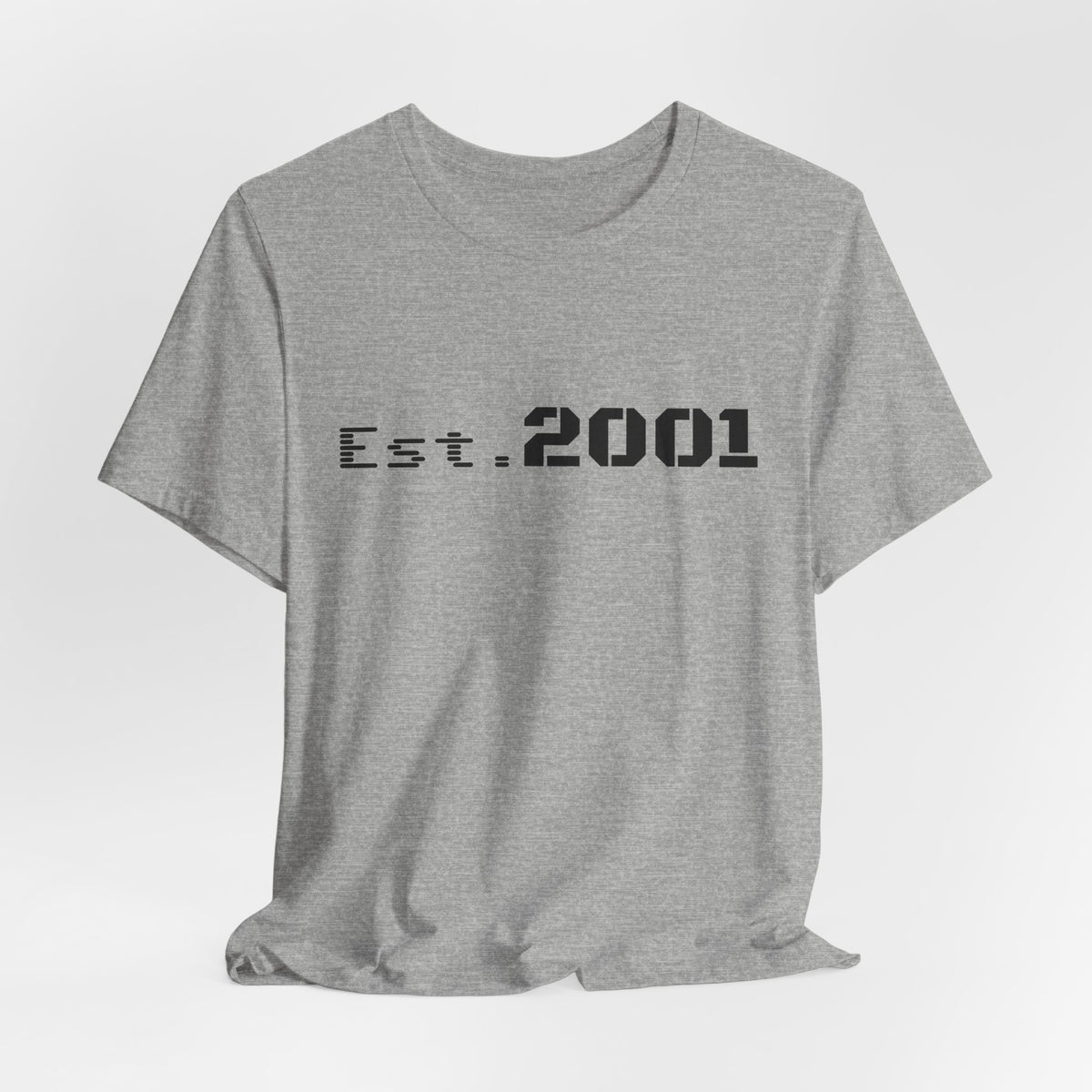 Retro minimalist Est. 2001 graphic T-shirt by Printify featuring a clean design and bold birthyear print on soft cotton fabric.