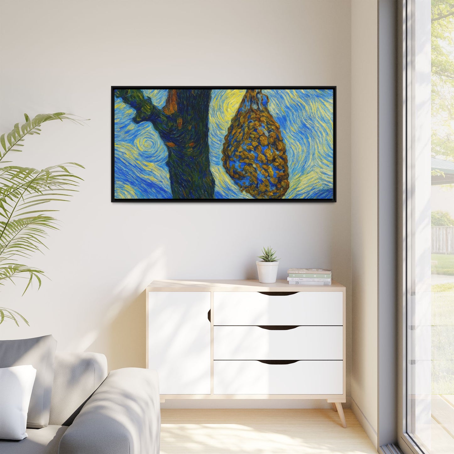Framed matte canvas art titled "Starry Nut Cluster (Dried Plum in Tree)" by Printify, featuring a detailed starry nut cluster scene.