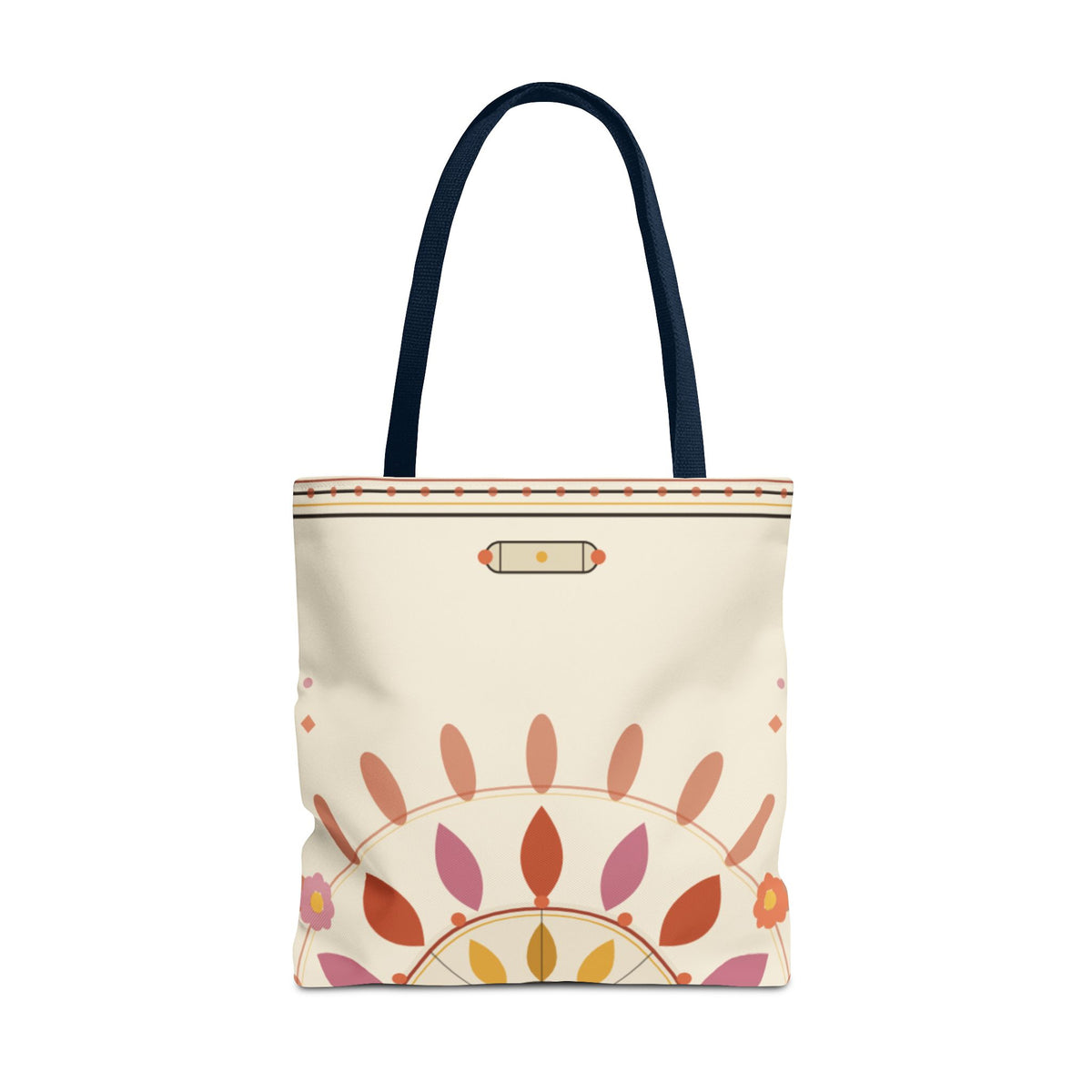 Boho floral mandala tote bag with pastel sunburst pattern, made by Printify, showcasing a spacious, stylish bag design.