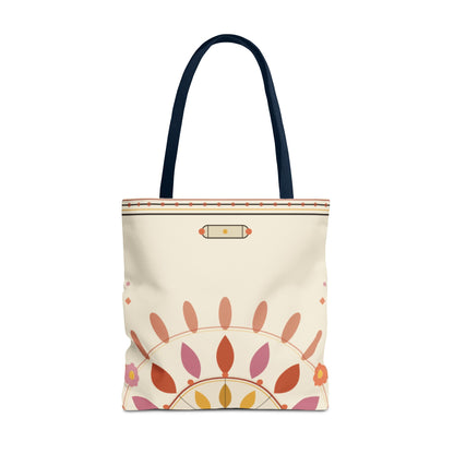Boho floral mandala tote bag with pastel sunburst pattern, made by Printify, showcasing a spacious, stylish bag design.