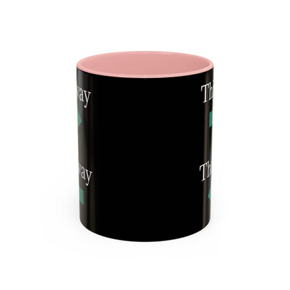 Ceramic coffee mug with "This Way or That Way" arrow design in 11oz or 15oz size, featuring a white background and colorful arrows.