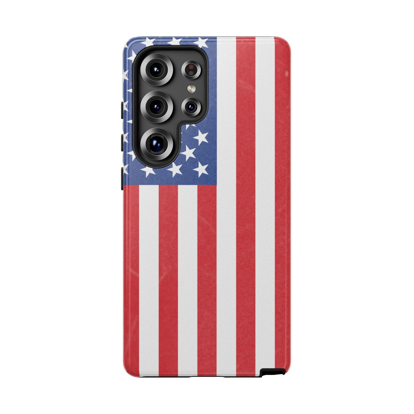 American flag tough phone case for iPhone and Samsung, patriotic protective cover with bold flag design by Printify