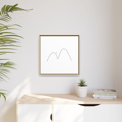 Framed minimalist mountain line art print on matte canvas by Printify, featuring simple black mountain outline on white background.