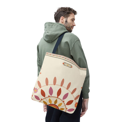 Boho floral mandala tote bag with pastel sunburst pattern, featuring colorful floral and geometric designs on a spacious fabric bag.
