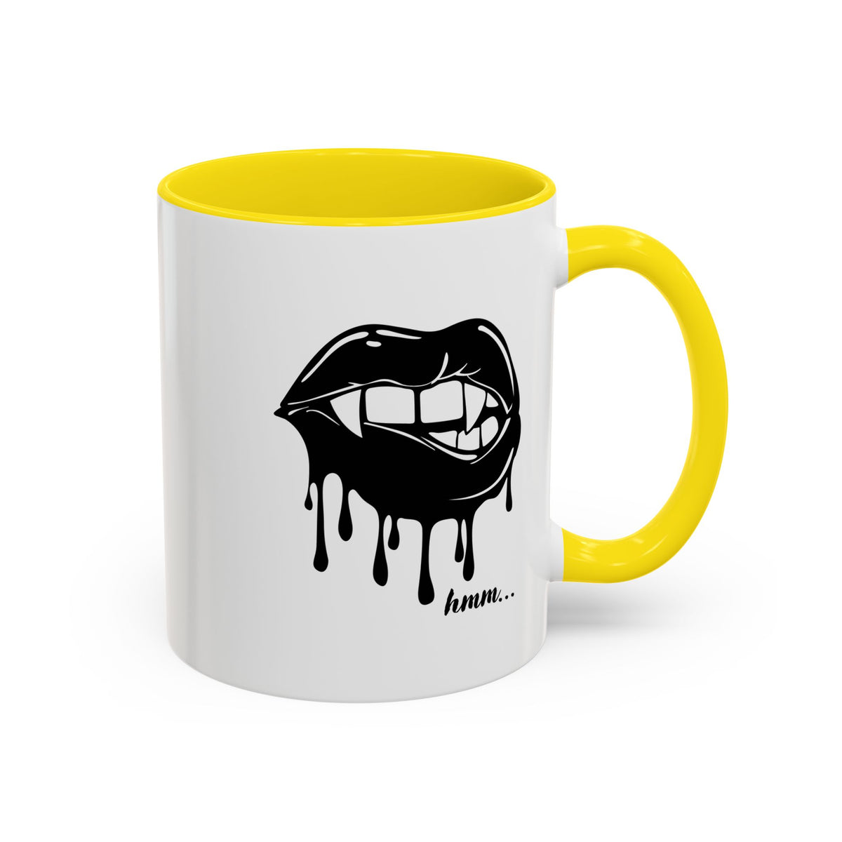 Black ceramic coffee mug with dripping lips bite graphic, 11oz or 15oz size, Printify Dripping Lips Accent Mug.