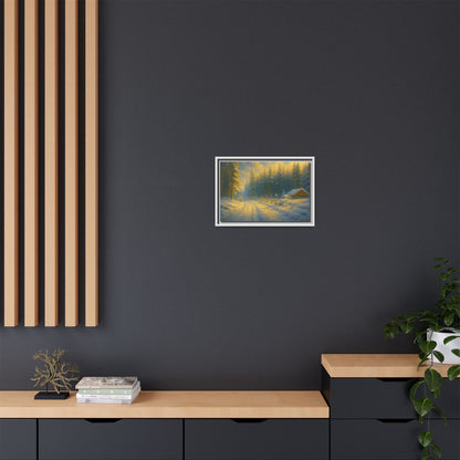 Framed winter cabin canvas print by Printify featuring a snowy forest sunset scene for wall decor.
