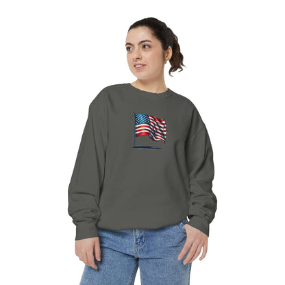 Patriotic Unisex Garment-Dyed Sweatshirt with Vintage American Flag, Cozy Fall Outfit, Statement Sweater, Gift for Veterans, Casual Fashion - TRV