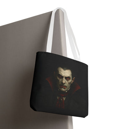 Black Vampire Tote Bag by Printify featuring spooky Gothic design, perfect for Halloween accessories and gothic fashion.