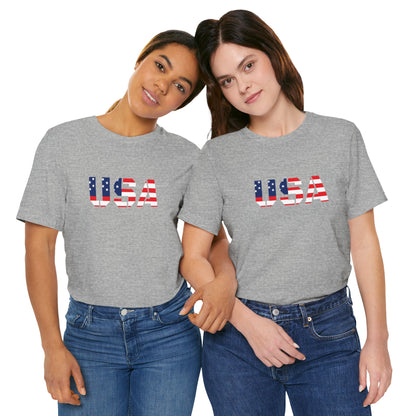 USA flag text patriotic T-shirt by Printify featuring a Fourth of July design, displayed on a white background.