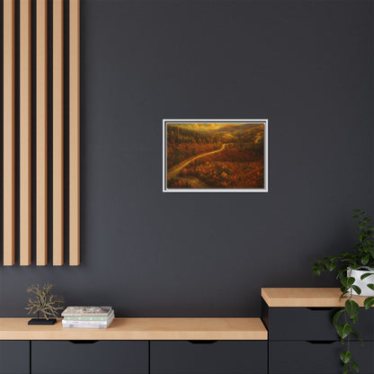 Framed matte canvas print of an autumn forest road landscape wall art by Printify, showcasing vibrant fall trees and a scenic pathway.