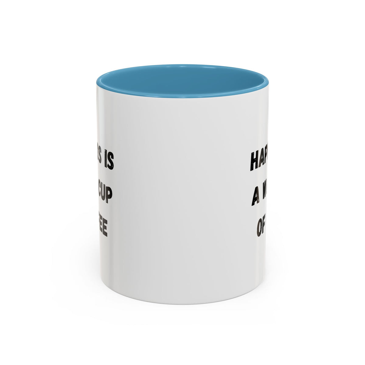 Ceramic coffee mug with "Happiness Is A Warm Cup Of Coffee" quote, featuring a white background and colorful lettering.