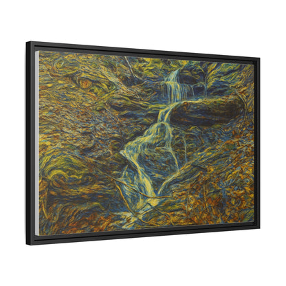Framed matte canvas wall art featuring a scenic autumn forest and waterfall, designed by Printify.