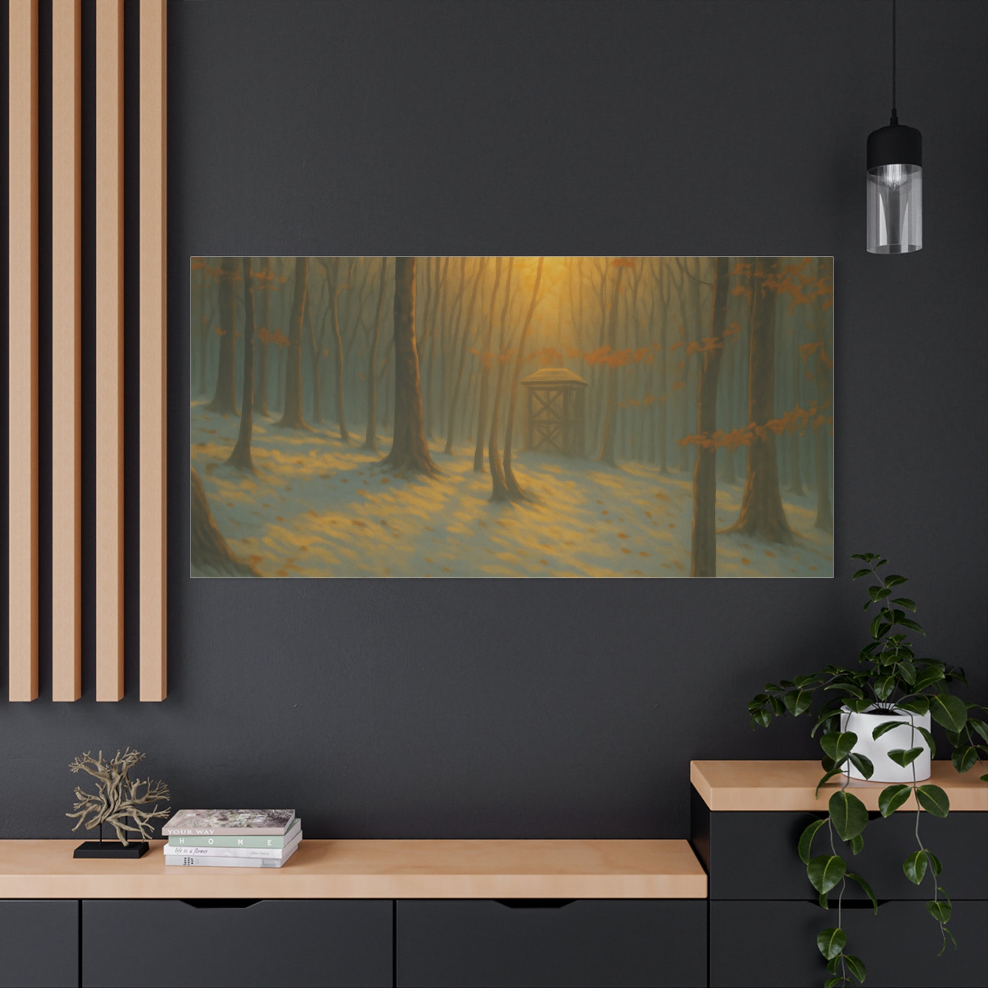 Matte stretched canvas print of a Misty Forest Sunrise landscape by Printify with vibrant, natural forest colors.