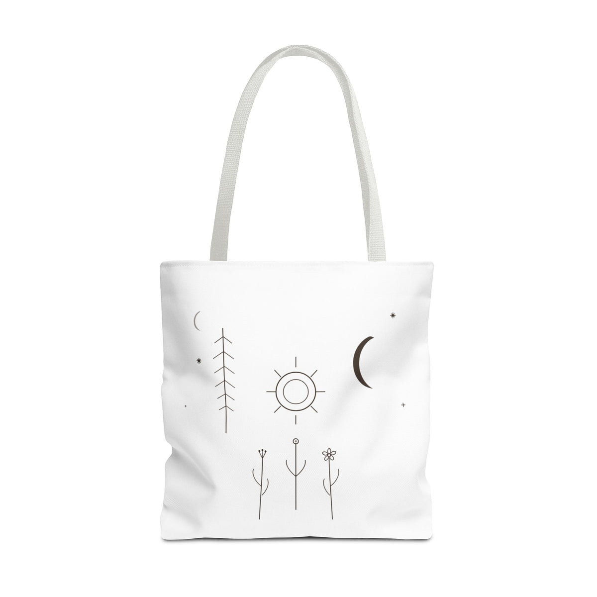 Minimal moon and sun botanical tote bag with celestial line art design, crafted by Printify, featuring natural botanical and celestial motifs.
