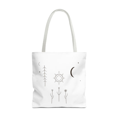 Minimal moon and sun botanical tote bag with celestial line art design, crafted by Printify, featuring natural botanical and celestial motifs.