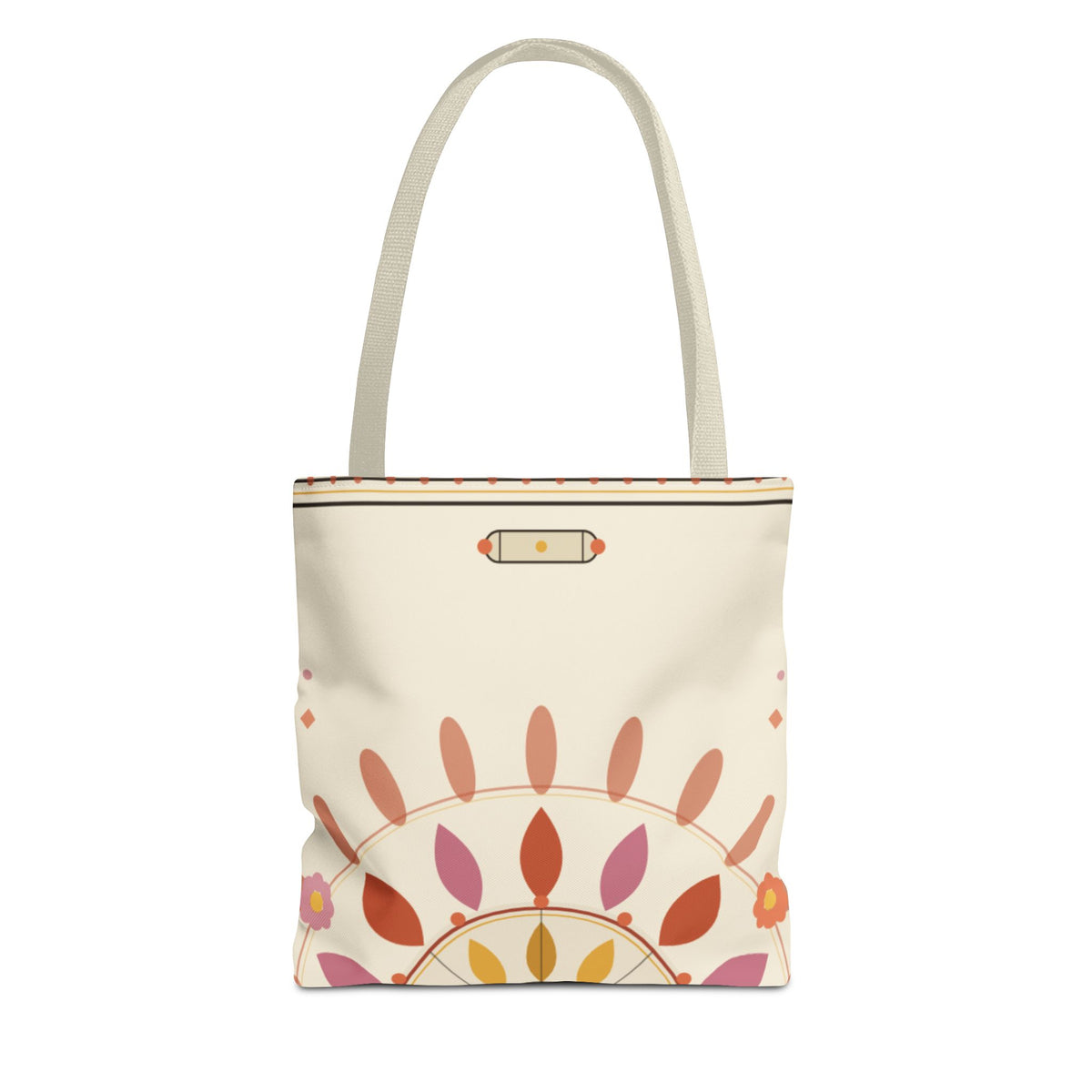 Boho floral mandala tote bag with pastel sunburst pattern by Printify, featuring vibrant floral and geometric design on fabric.