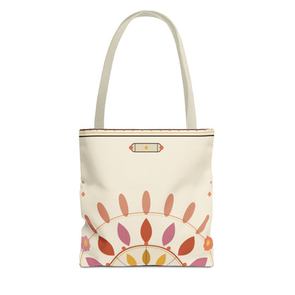 Boho floral mandala tote bag with pastel sunburst pattern by Printify, featuring vibrant floral and geometric design on fabric.