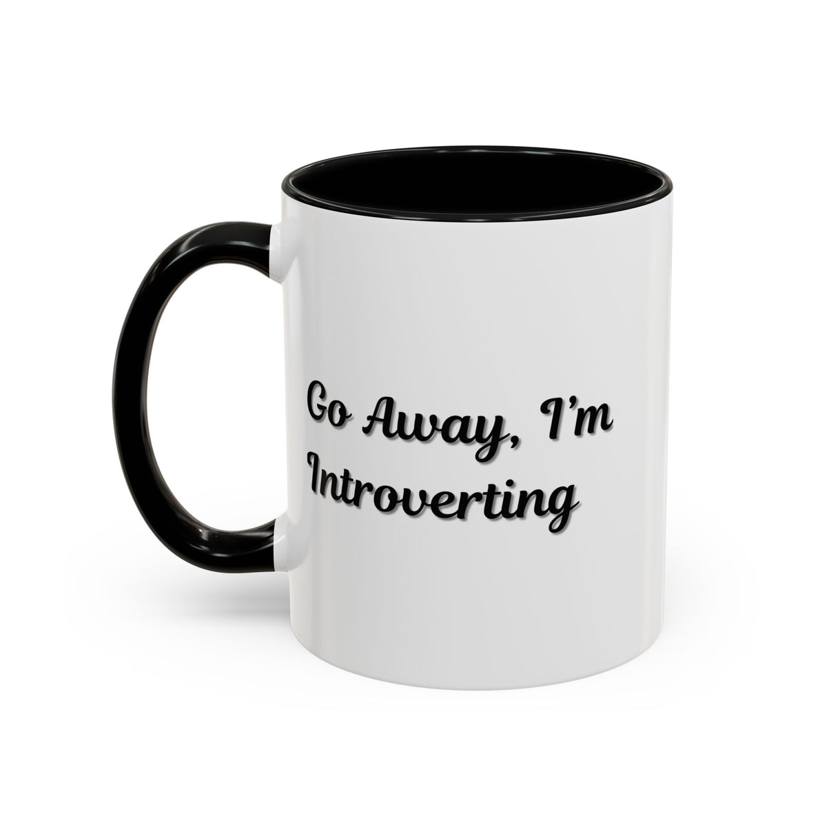Ceramic introvert coffee mug with "Go Away, I'm Introverting" text, 11 oz size, white with black lettering, by Printify.