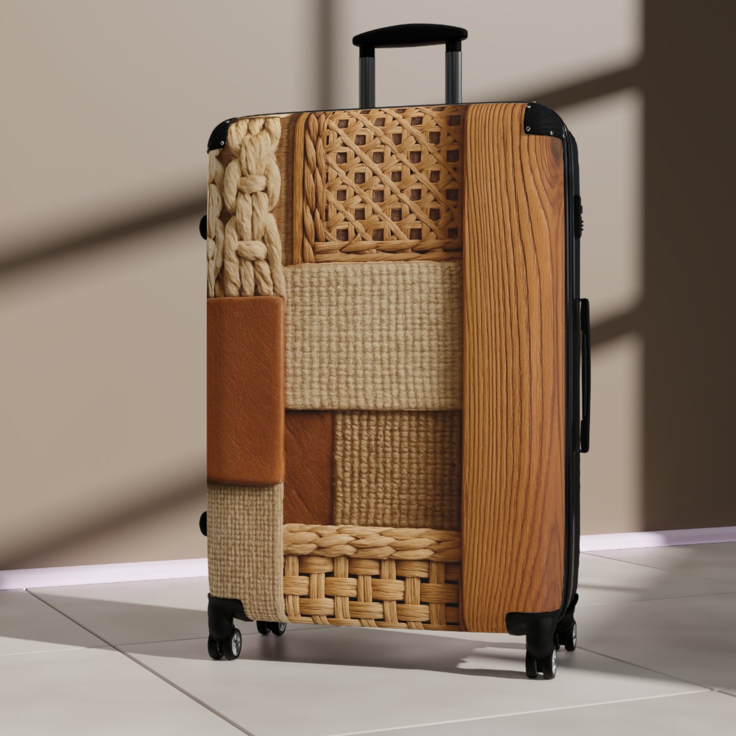 Woven Patchwork Carry-On Suitcase — Cozy Rattan & Knit Travel Luggage