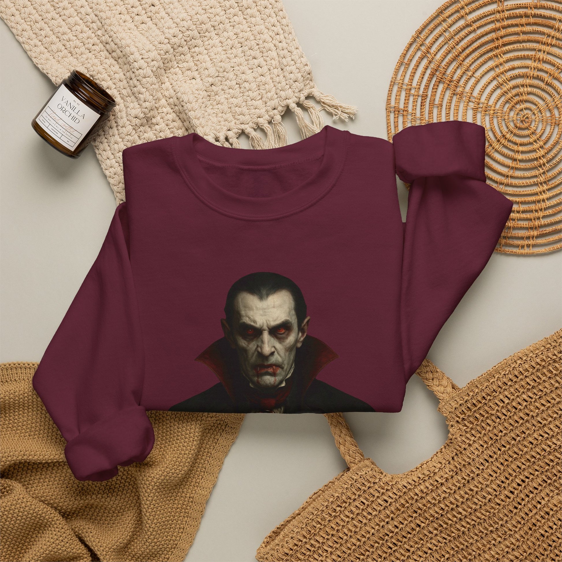 Black vampire portrait crewneck sweatshirt by Printify featuring a detailed vampire design on the front.
