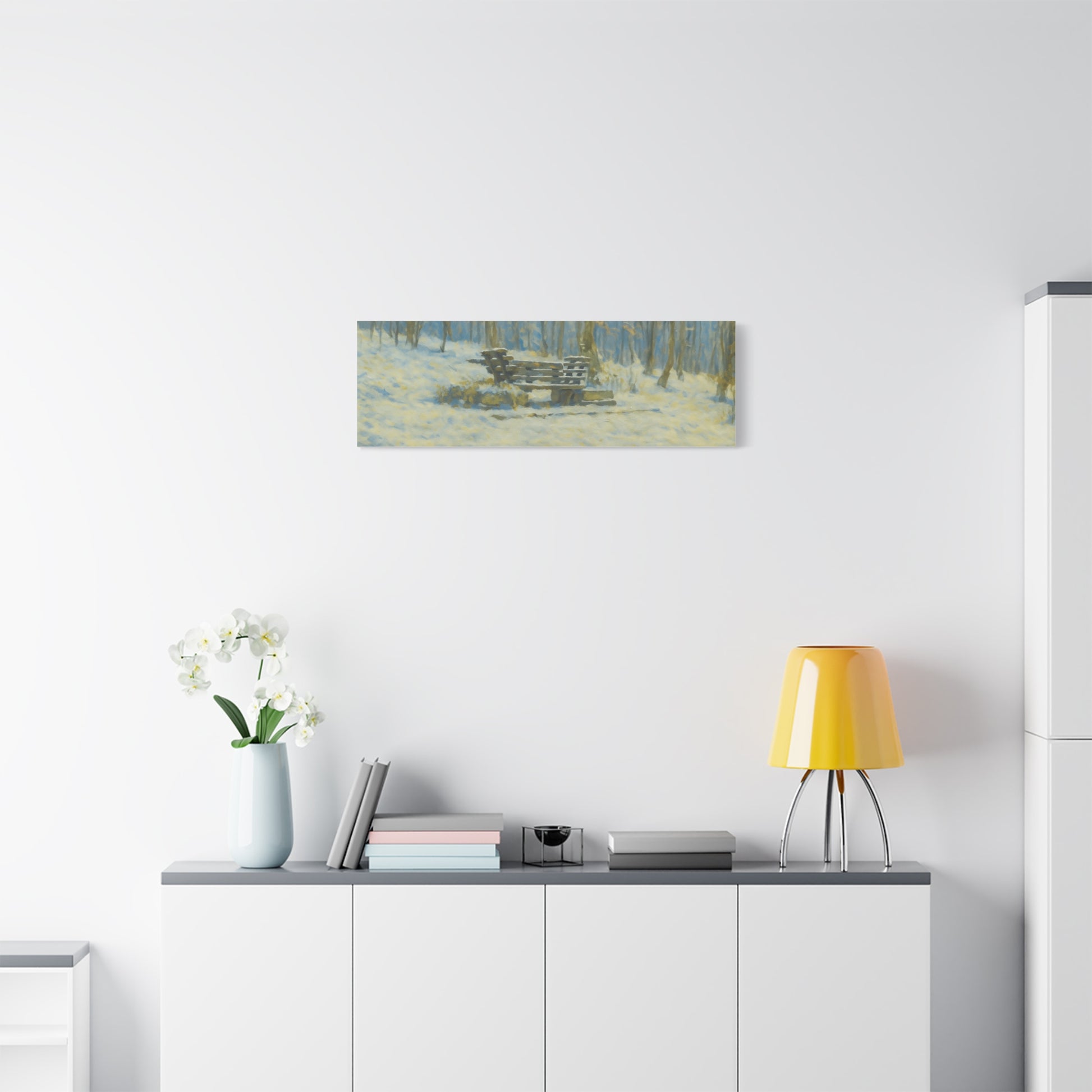 Snowy park bench matte canvas print featuring winter woodland scene, stretched 1.25 inches, ideal for winter-themed wall decor.