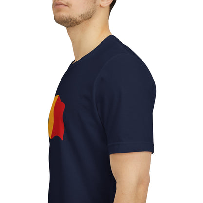 Romania flag T-shirt featuring a minimal waving tricolor design, made by Printify, shown in a casual fit on a plain background.
