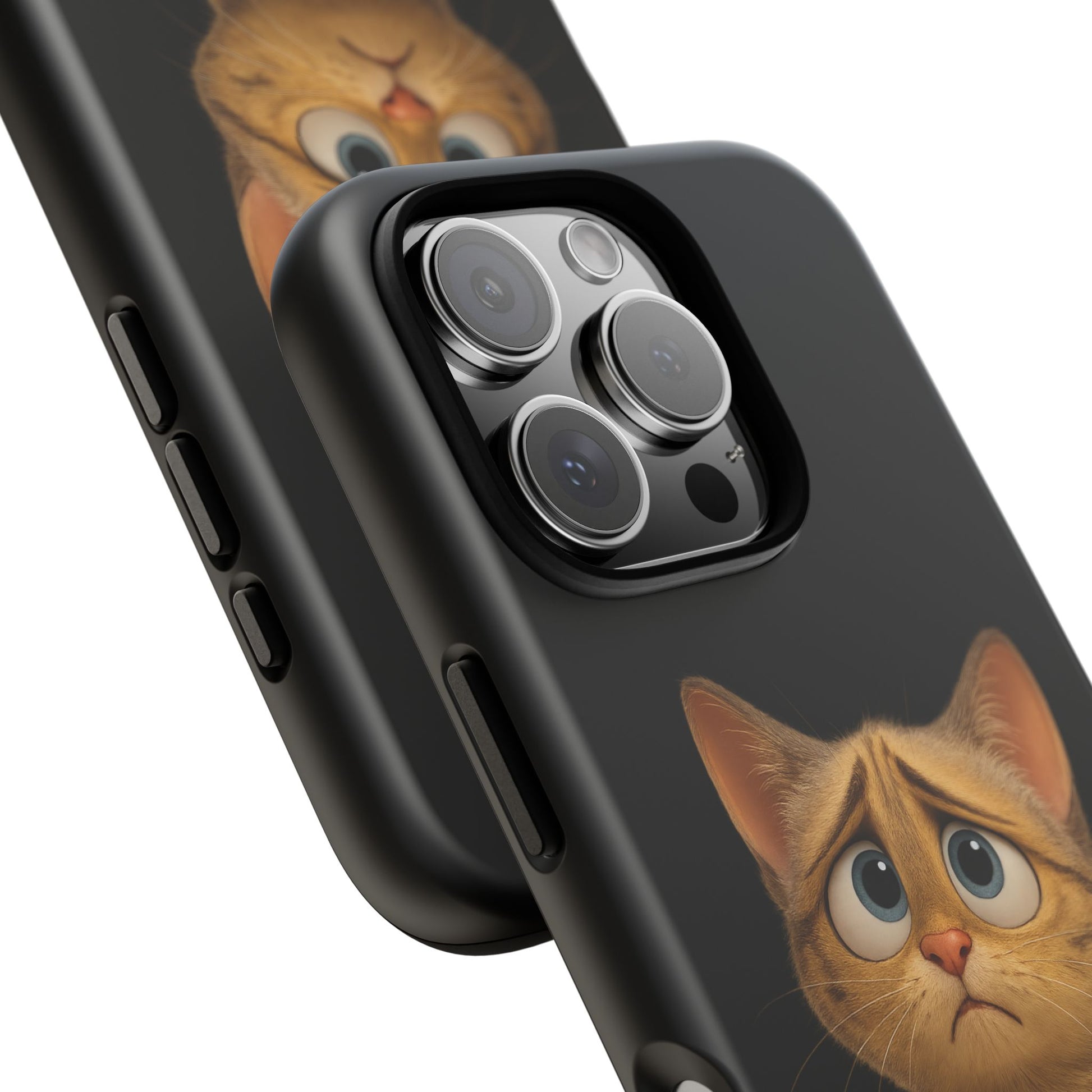 Cute sad kitty print phone case for iPhone, protective cover featuring a sad cat illustration by Printify.