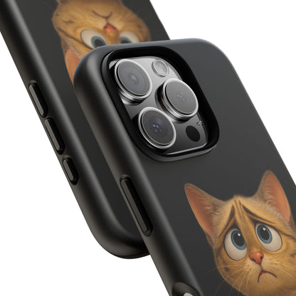 Cute sad kitty print phone case for iPhone, protective cover featuring a sad cat illustration by Printify.