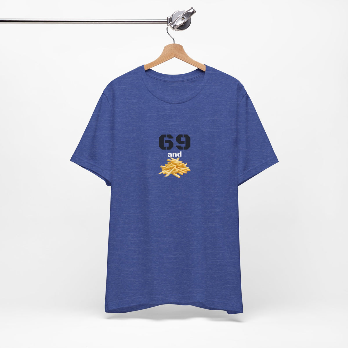 Unisex graphic T-shirt with humorous "69 & French Fries" design in black, featuring a playful print on the front.