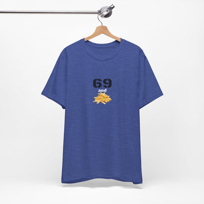 Unisex graphic T-shirt with humorous "69 & French Fries" design in black, featuring a playful print on the front.