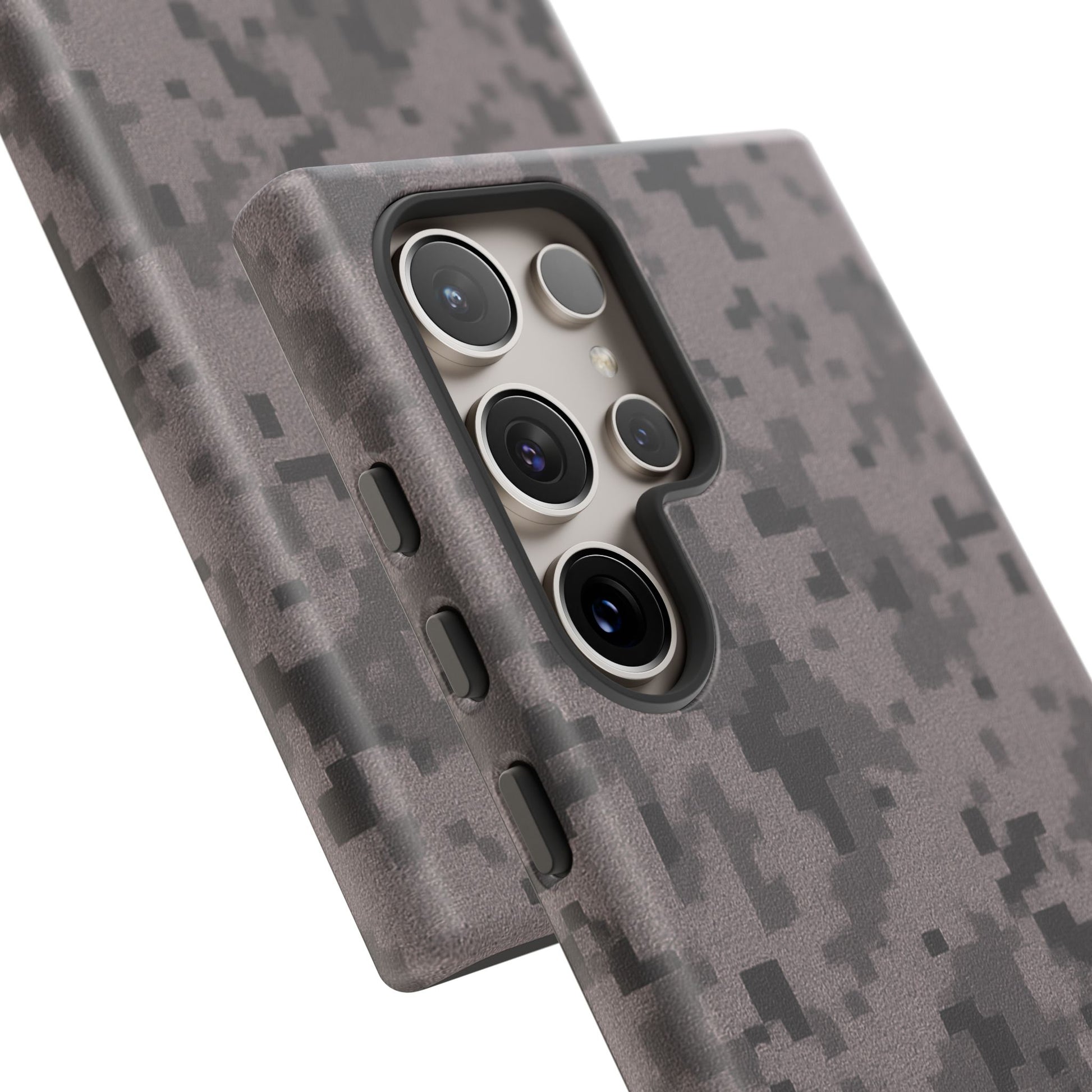 Gray digital camouflage phone case by Printify, tough protective cover for smartphones with camouflage pattern design.