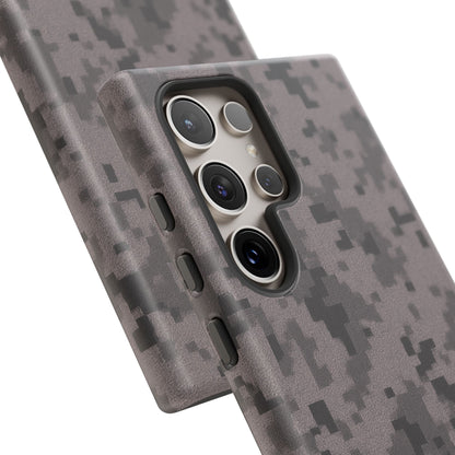 Gray digital camouflage phone case by Printify, tough protective cover for smartphones with camouflage pattern design.