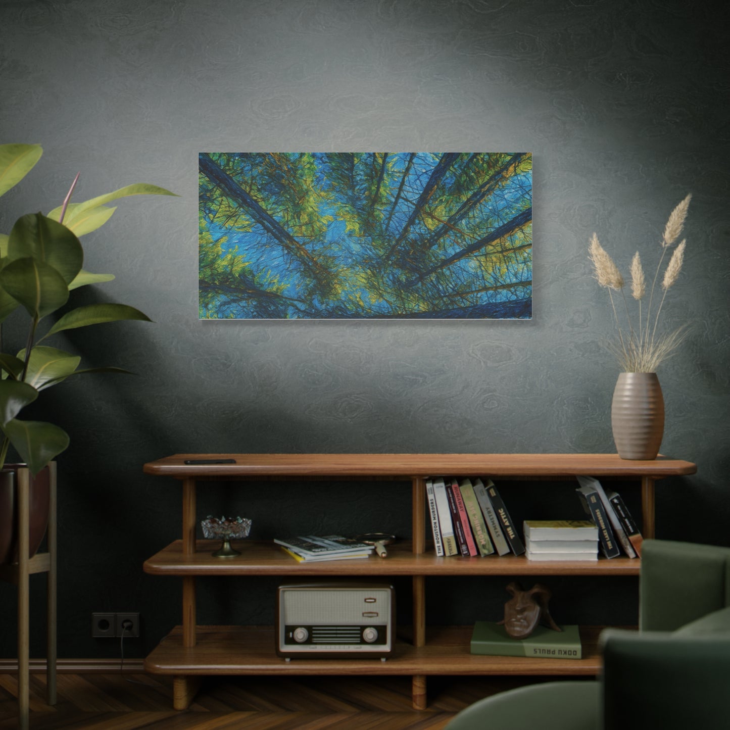 Forest Canopy Matte Canvas Wall Art — Upward View of Trees, Blue & Green Nature Print