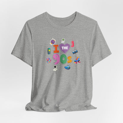 I  Love the 90's Short Sleeve Tee - Retro Graphic Tee, Vintage Style Shirt, Perfect for Casual Outings, 90s Nostalgia Apparel