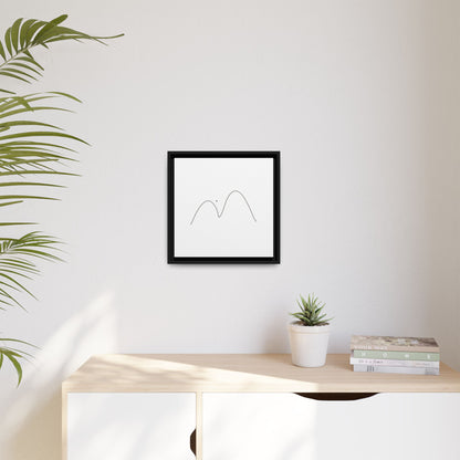 Minimalist mountain line art on framed matte canvas by Printify, featuring simple mountain peaks in black ink on white background.