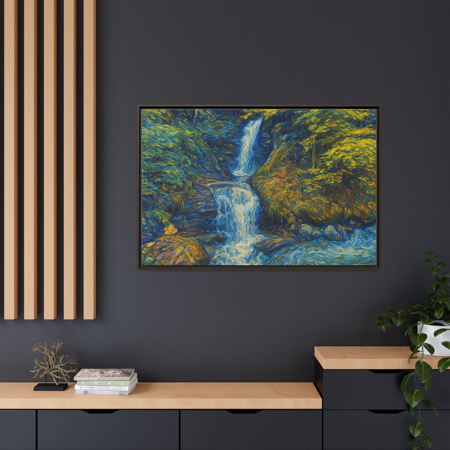 Framed matte canvas print of impressionist waterfall wall art by Printify, showcasing vibrant watercolor-style landscape.