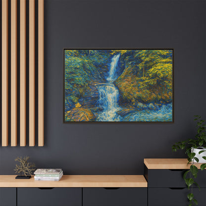 Framed matte canvas print of impressionist waterfall wall art by Printify, showcasing vibrant watercolor-style landscape.
