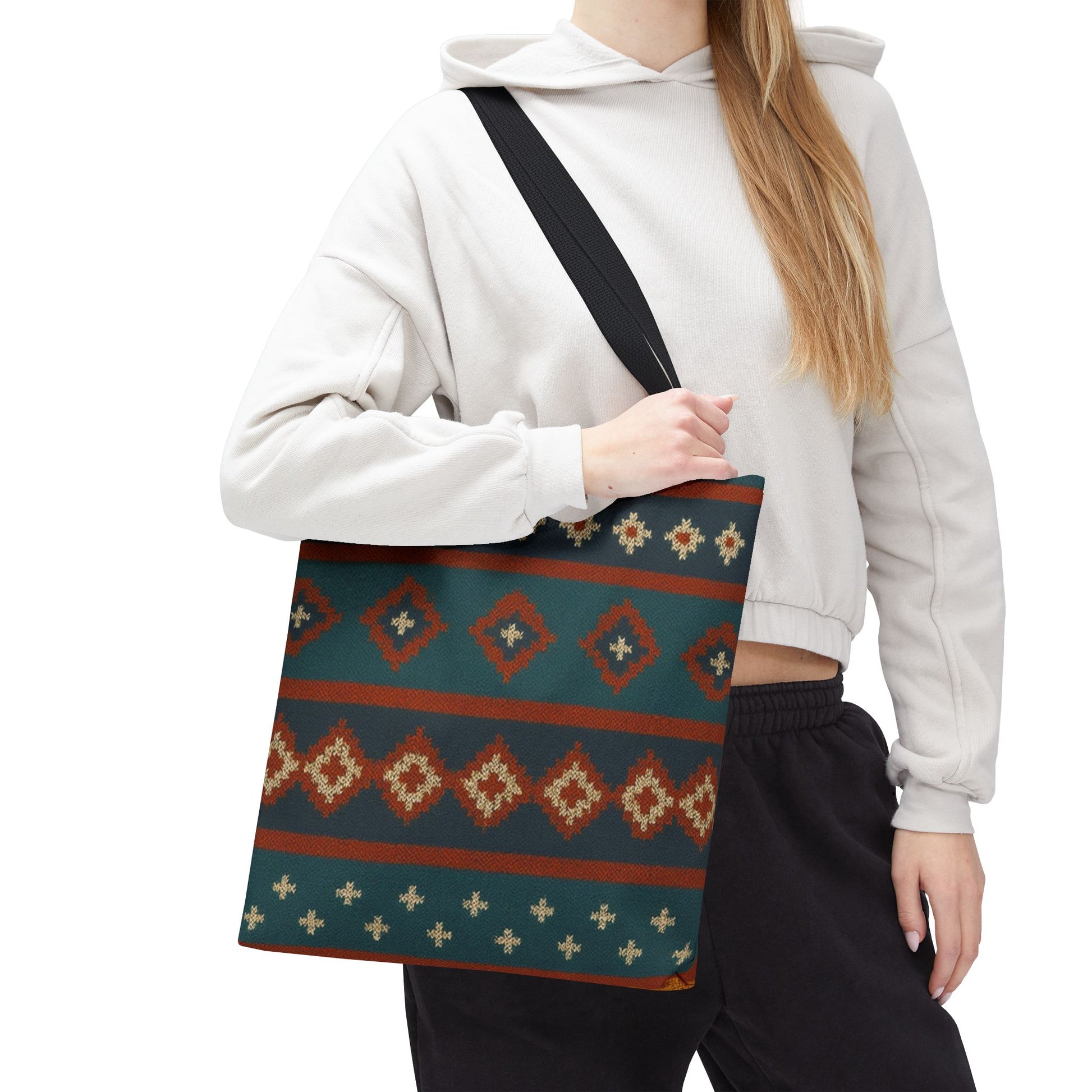 Southwestern diamond pattern tote bag with Aztec tribal geometric print, featuring sturdy handles and vibrant design.